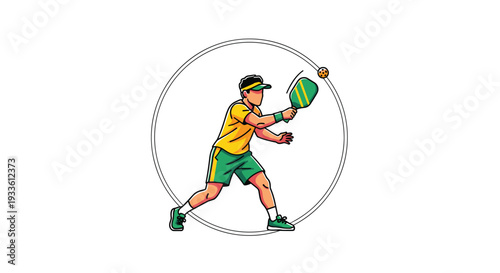 A dynamic illustration depicts a male pickleball player in yellow and green attire actively swinging a paddle at a ball within a dashed circular border.