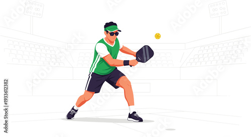 A male pickleball player wearing a green shirt and sunglasses is actively striking a yellow ball with a black paddle on a bright white court.