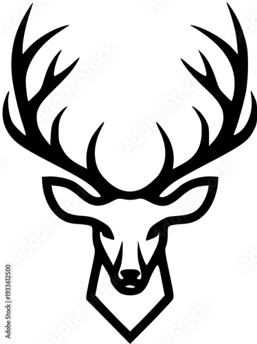 Stylized Black and White Deer Head Silhouette with Large Antlers. Abstract Tribal Design for Nature and Hunting.