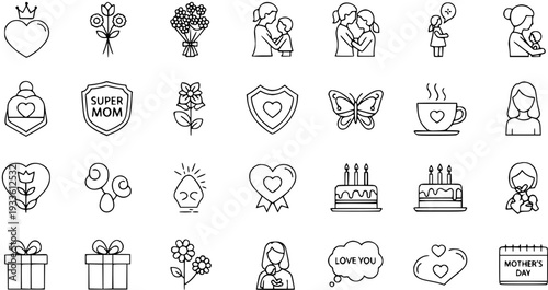 Mother's Day Line Icons Set: Love, Family, and Celebration Symbols for Motherhood