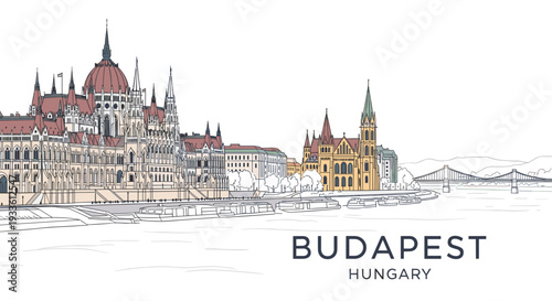 A detailed outline illustration showcases the Budapest cityscape along a river, featuring the Parliament Building and a distant bridge.