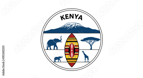 Free Download A circular badge illustration presents iconic Kenyan symbols including Mount Kenya, elephants, an acacia tree, and a Maasai shield. - GFXLoad