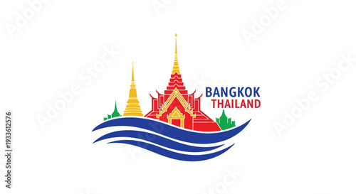 A stylized logo illustration for Bangkok, Thailand, displays a central red temple with two golden stupas, complemented by three blue wavy lines and bold text on a white background.
