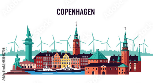 A vibrant illustration depicts the Copenhagen, Denmark, skyline with colorful waterfront buildings, boats, a green statue, and wind turbines under bold text.