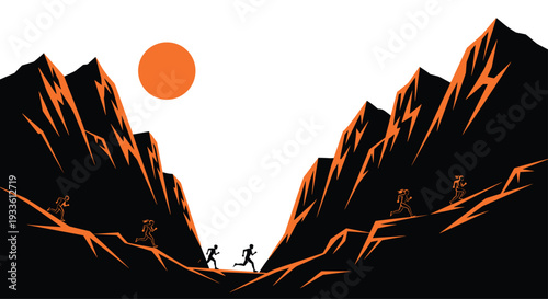 A dramatic illustration shows silhouettes of multiple runners traversing a rugged mountain pass with jagged black peaks under a large orange sun.