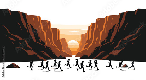 A large group of silhouetted runners races across a wide, flat desert floor between towering canyon walls under a setting sun.