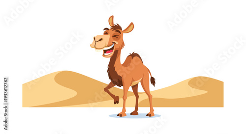 A happy, cartoon camel with a wide smile stands on a small sand dune in a bright, minimalist desert landscape.