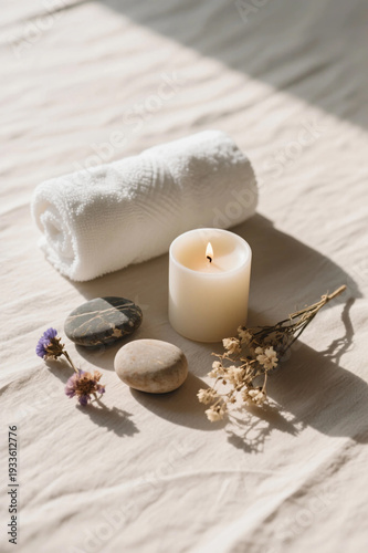 Minimal Spa Essentials Flatlay with White Towel, Aromatherapy Candle, Massage Stones, and Dried Flowers on Neutral Linen Background
