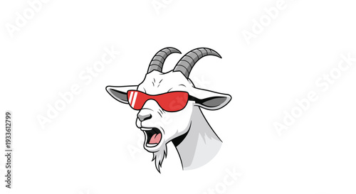 A cool cartoon goat's head wearing red sunglasses with its mouth slightly open, featuring horns and a small beard.