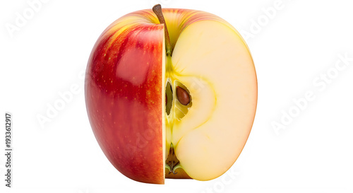 Fresh red apple cut in half showing inner fruit structure transparent background
