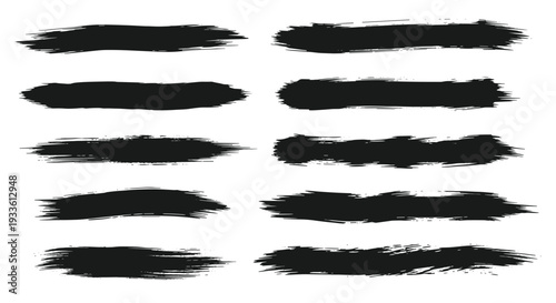 Ten thick, horizontal black grunge brush strokes with rough and uneven textures are scattered across a white background.