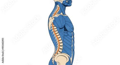A detailed sagittal view of a human torso displays blue musculature and a highlighted orange spinal column on a white background.