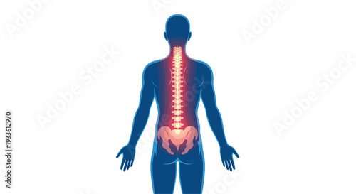 A translucent dark blue human body silhouette from the rear shows a glowing red spinal column and pelvis on a white background.