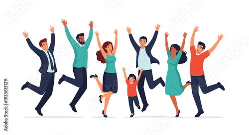 Seven diverse people, including a child, are joyfully jumping with arms raised high against a pristine white background.