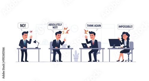 Four frustrated business professionals, three men and one woman, are sitting at their individual office desks, each vocally expressing strong disagreement.