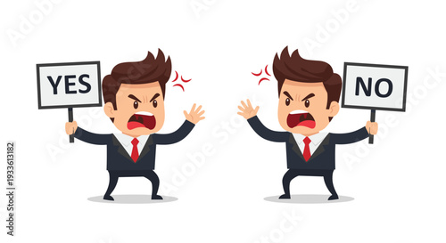 Two enraged cartoon businessmen, one holding a YES sign and the other a NO sign, are fiercely shouting at each other.