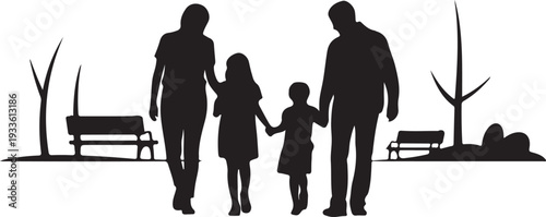 Black silhouette family walking in park with benches and trees