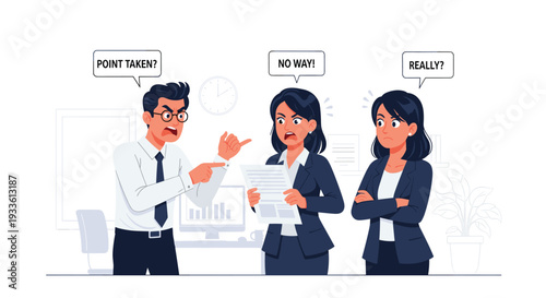 A male manager in a white shirt is sternly pointing at two female colleagues, who are visibly reacting with expressions of anger and disbelief.