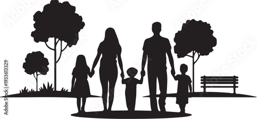Black silhouette family with children walking in park with trees and bench