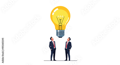 Two business-suited men stand looking up at a large, glowing yellow light bulb floating above them on a plain white background.