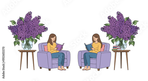 Two identical women sit in purple armchairs, each reading a book, flanked by side tables with large vases of purple lilac flowers.