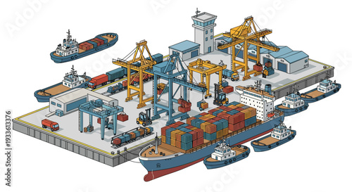 An isometric illustration depicts a busy cargo port with container ships, tugboats, cranes, trucks, and a control tower managing logistics.