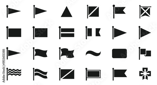 A collection of various black flag icons on a white background for design and communication purposes