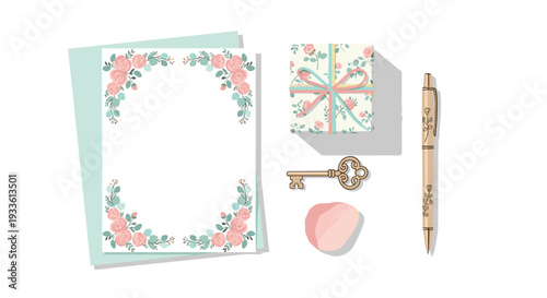 A flat lay illustration displays elegant stationery items including a floral card, a gift box, a vintage key, and a decorative pen.