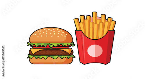 A stylized double cheeseburger with a sesame bun and fresh toppings stands beside a bright red container overflowing with straight-cut french fries on a crisp white background.