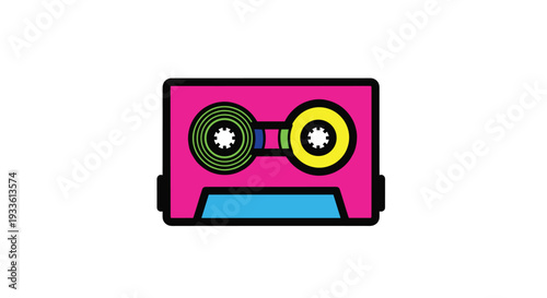 A brightly colored cartoon-style audio cassette tape with a pink casing and blue strip features green and yellow reels on a pristine white background.