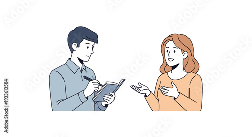 A male interviewer in a blue shirt takes notes in a notebook while a female interviewee in an orange top animatedly speaks and gestures on a plain white background.