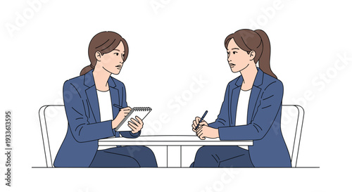 Two female business professionals in blue blazers are seated at a white table, with one diligently taking notes in a spiral notebook while the other listens attentively on a clean white background.