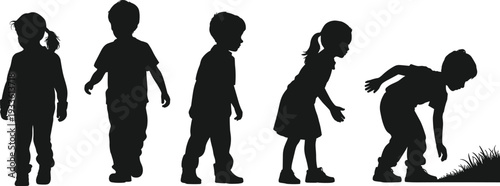 Children silhouettes set isolated on white background, kids walking and playing sequence illustration, black toddler figures collection for education, parenting and growth concept