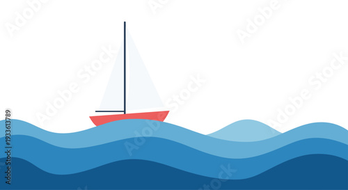 A solitary sailboat with a white sail and red hull is depicted sailing across calm, layered blue ocean waves on a white background.
