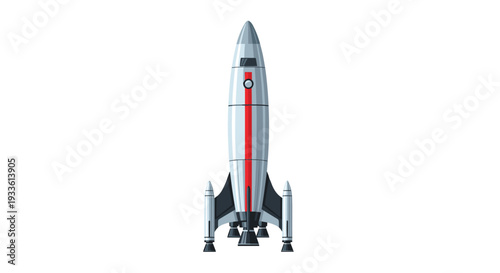 A detailed illustration of a modern grey rocket with a prominent vertical red stripe and multiple intricate engines.