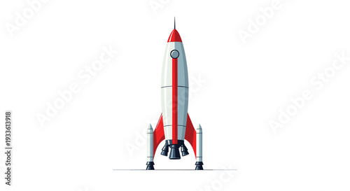 A vibrant illustration of a retro-style rocket, primarily white with bold red stripes and four distinct exhaust nozzles.