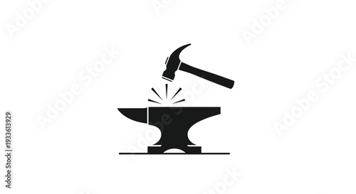 A simple black silhouette illustration features a claw hammer striking a sturdy anvil, generating three small sparks on a clean white background.