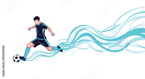 A male soccer player in a blue and black uniform kicks a soccer ball, with dynamic light blue wavy lines trailing behind him on a white background.