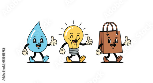 Three distinct retro cartoon characters, a water drop, a light bulb, and a paper bag, are depicted walking in a line, each giving a thumbs-up gesture on a white background.