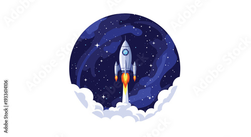A solitary white rocket with red accents launches from white clouds into a dark blue, star-filled circular cosmic background.