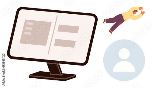 Online security, digital identity, user authentication, modern technology, access control, virtual interaction. A monitor displaying forms, avatar icon and a person falling. Online security