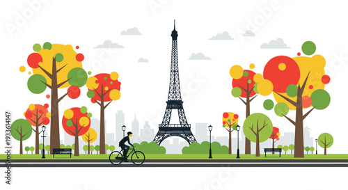 A lone cyclist rides past autumn-colored trees and lampposts with the iconic Eiffel Tower silhouetted in the background.