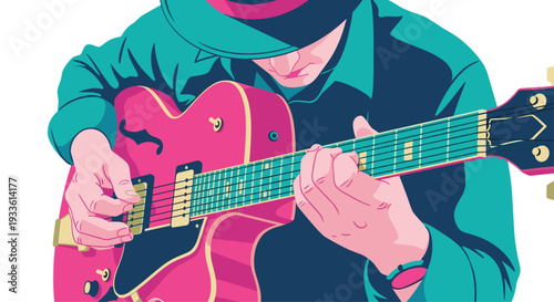 A pixelated illustration depicts a musician's hands actively playing a red electric guitar with a teal shirt and dark hat.