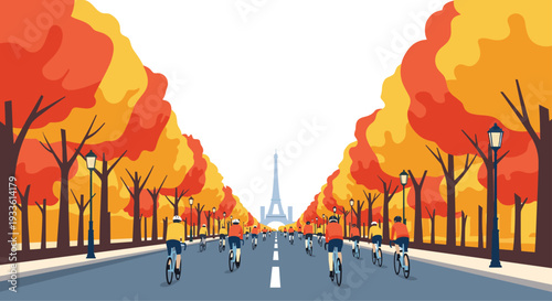 A large group of cyclists in orange jerseys ride down an autumn tree-lined avenue towards the distant Eiffel Tower.