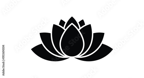 A singular, elegant black lotus flower silhouette with multiple layered petals is precisely centered on a clean white background.