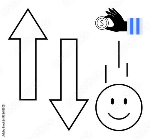 Financial concept. Arrows indicating growth and decline with hand holding coin. Financial include profit dynamics, investments, economic fluctuation, and income trends. Perfect for banking, finance