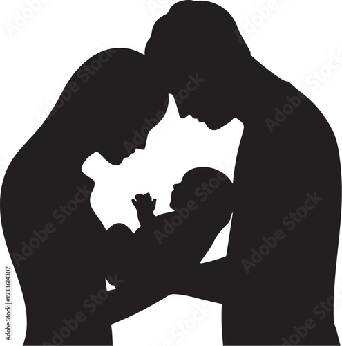 Black silhouette of a man woman and child touching foreheads