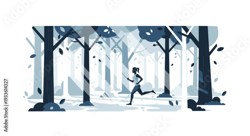 A solitary woman runs through a stylized, blue-toned forest with sunbeams filtering through the trees.