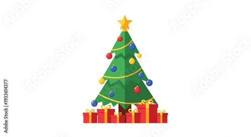 A stylized green Christmas tree with a yellow star and colorful ornaments is surrounded by red gift boxes on a white background.