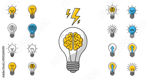A large central lightbulb with a brain and lightning bolts is surrounded by an assortment of smaller colored lightbulbs featuring various internal elements on a white surface.